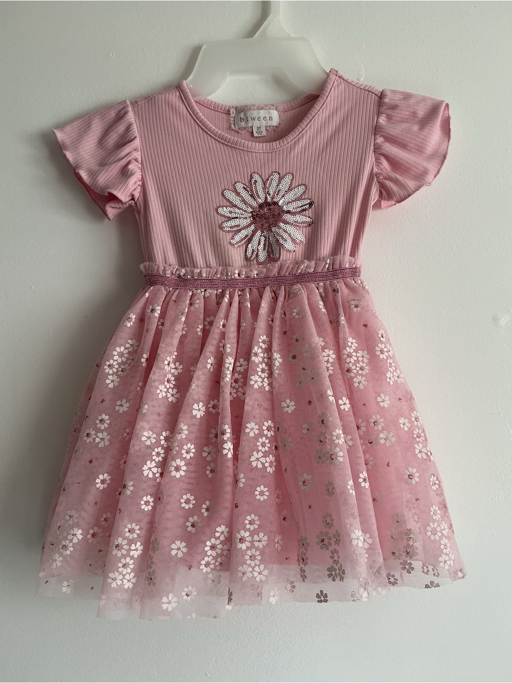 btween Pink Floral Sequin Daisy Tulle Dress